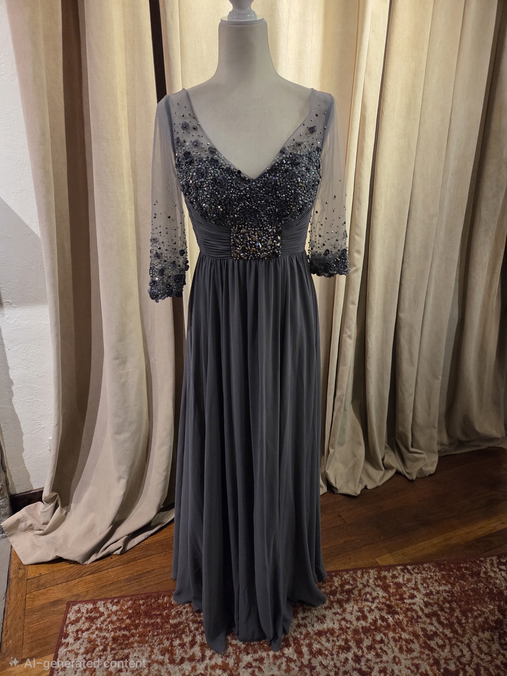kathy ireland Gray Beaded V-Neck Maxi Dress